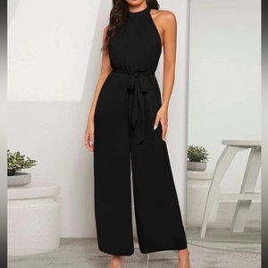 Solid Cut Out Back Belted Halter Jumpsuit